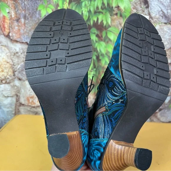 CY Blue Leather and TextilePeacock Feather Lace-Up Cuban Heel Boots, 41/10 - Picture 8 of 13